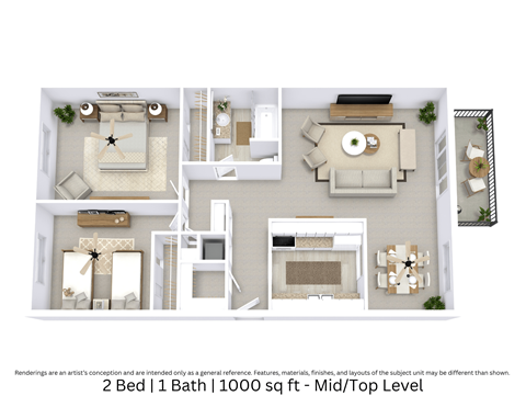 Floor plan for 2 beds, 1 bath, 1000 sqft